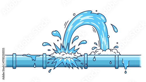 A cartoon pipe bursting with water spraying upwards