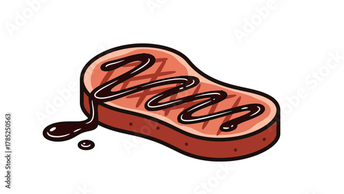 A cartoon steak drizzled with dark brown sauce