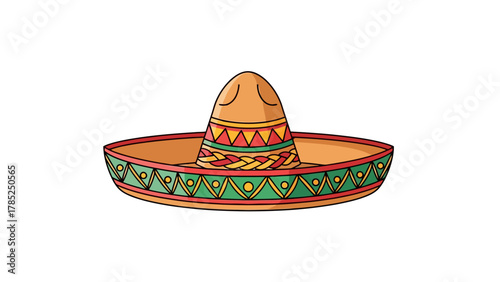 A cartoon sombrero hat with intricate colorful patterns on its brim and crown