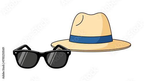 A cartoon straw hat and sunglasses on a white background