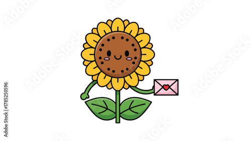 A cartoon sunflower with a face holding a pink envelope with a heart
