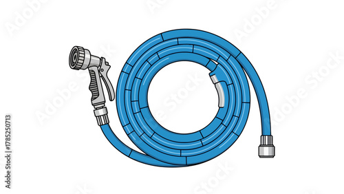 A coiled blue garden hose with a silver spray nozzle and connector