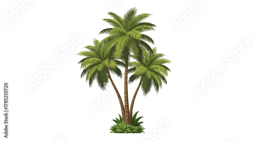 A cluster of three green palm trees with brown trunks on white