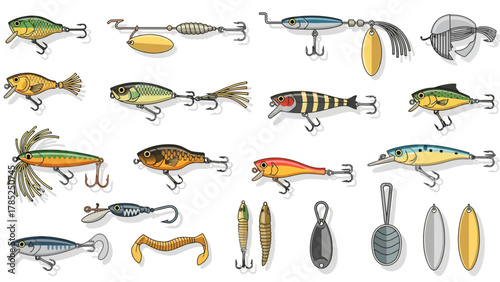 A collection of fishing lures and tackle accessories
