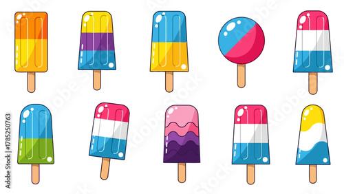 A collection of ten pixelated colorful frozen treats on sticks