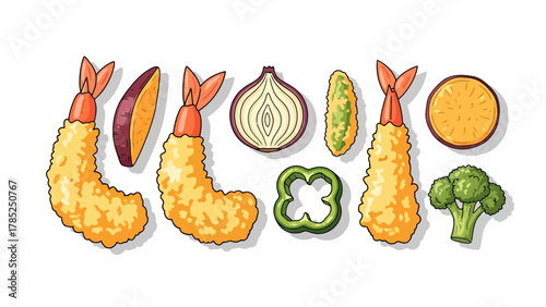 A collection of tempurabattered seafood and vegetables