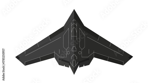 A dark angular stealth aircraft seen from directly above