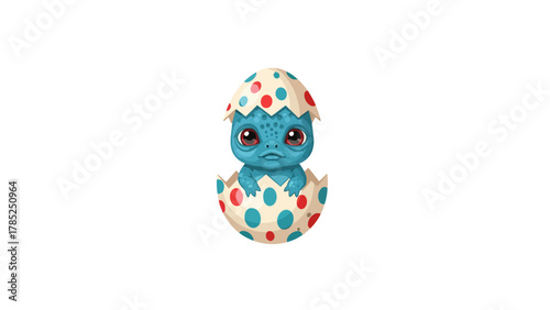 A cute blue baby dragon hatching from a polkadotted egg