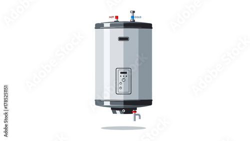 A graphic illustration of a white cylindrical water heater with hot and cold water inlets