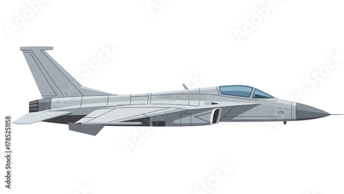A gray jet fighter plane flies horizontally against a white background