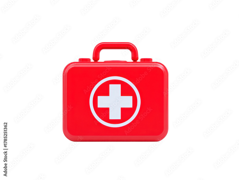 Obraz premium Red first aid kit with white cross symbol portable emergency medical box isolated on transparent background healthcare safety preparedness essential for travel clean and simple design