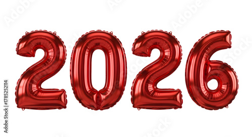 Red 2026 number balloons isolated on transparent background