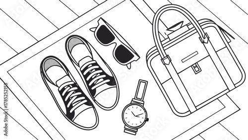 Line art illustration of shoes sunglasses watch and bag on a rug over a wooden floor surface vreated with genrated ai