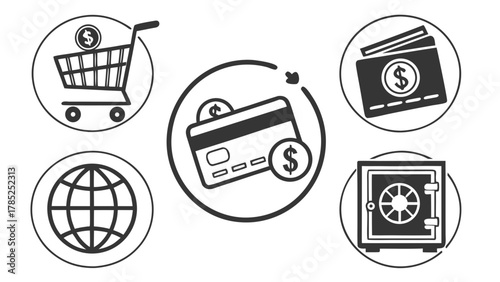 Illustration of online shopping elements including a cart, globe, card, wallet and safe in circles vreated with genrated ai
