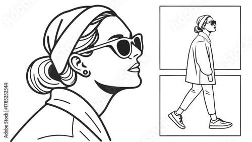 Line art illustration of a woman wearing sunglasses and a headscarf with a walking figure in boxes vreated with genrated ai