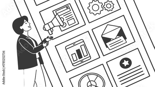 Woman presenting a digital interface with icons representing various business functions and data analysis vreated with genrated ai