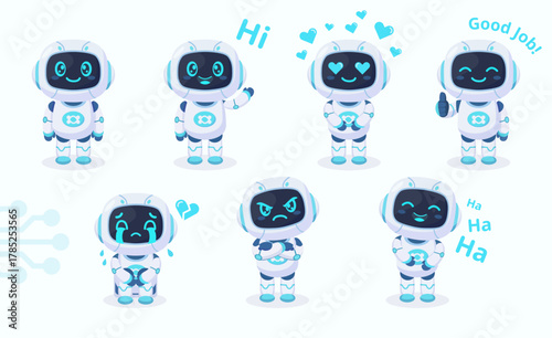 Cute robot cartoon character with different emotions vector set