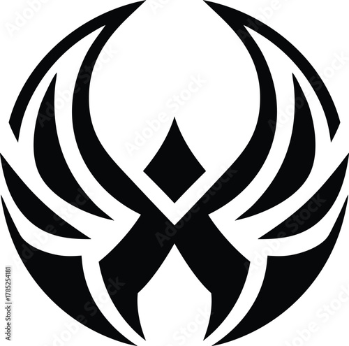 Black abstract tribal symbol with stylized wings and circular shape