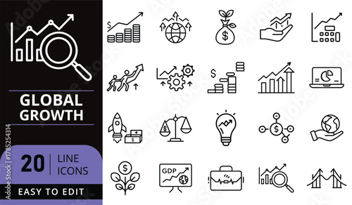 Global economic growth, finance, and business line icons set.