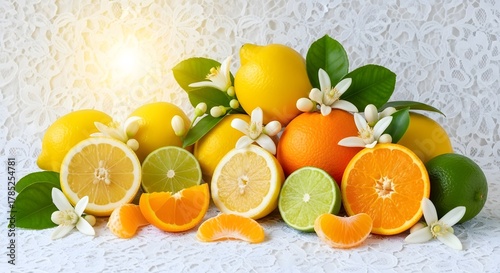 Fototapeta Naklejka Na Ścianę i Meble -  A vibrant display of citrus fruits with blossoms on a white surface