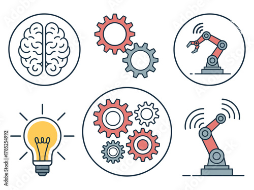 Robotic arms and gears illustrate the concept of artificial intelligence and industrial automation.