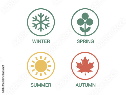 Icons represent the four seasons: winter, spring, summer, and autumn.