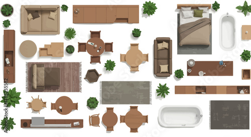 top-down view of furniture layout arranging a house floor plan with living room bedroom bathroom kitchen for interior design home decor ideas