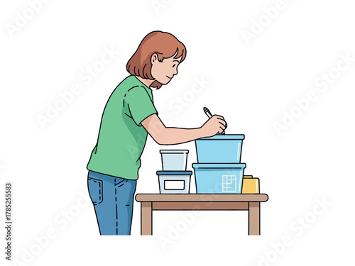 A person is organizing food in plastic containers on a table.
