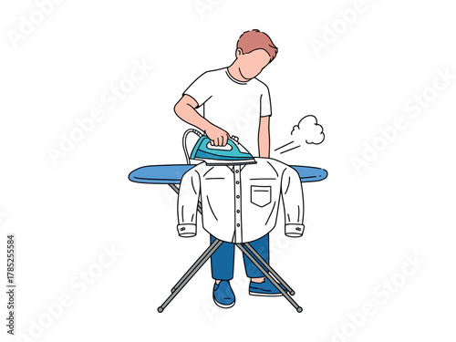A person is ironing a white shirt on an ironing board