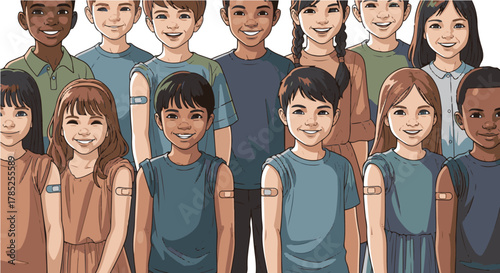diverse group of vaccinated children smiling showing arm bandages after getting vaccines in a school supporting public health and child vaccination
