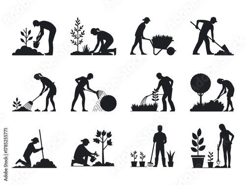 Silhouettes of people engaged in various gardening and planting activities.