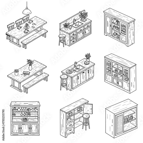 kitchen furniture illustration of dining sets islands and display cabinets for home decor projects design and interior drawing sketched