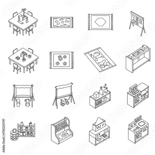 Kindergarten classroom icons isometric playroom with furniture and toys for learning playing and educational development for childrens creativity.