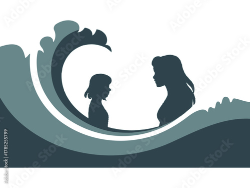 A mother and child silhouette framed by a large wave