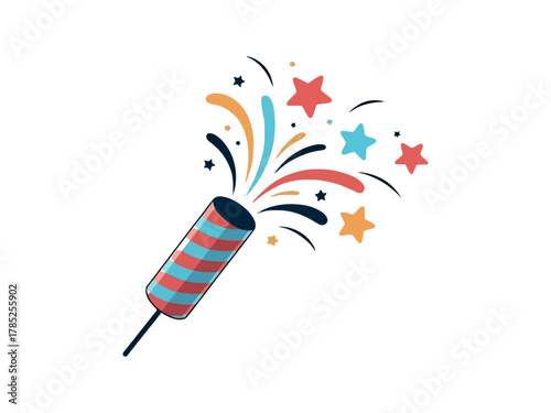 A party popper explodes with colorful stars and confetti, celebrating a festive occasion.