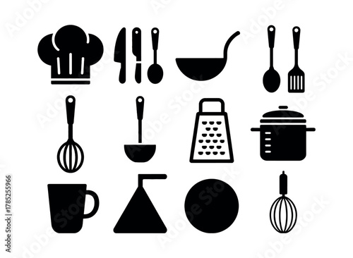 A collection of kitchen utensils and cooking equipment is displayed against a white background.