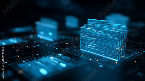 Ai Futuristic holographic interface of a file manager, folder structure with documents and data scanning, digital document storage software, cloud database, search and manage documents, paperless
