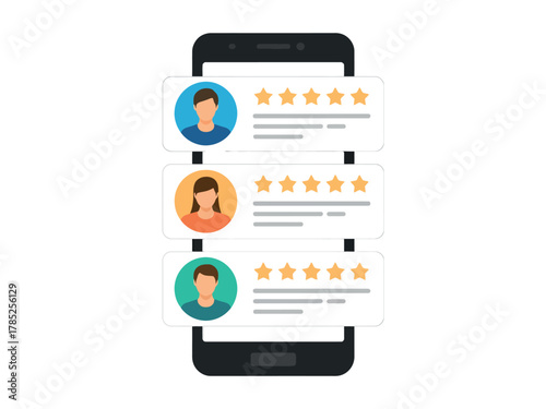 Smartphone displaying customer reviews and star ratings on a white background.