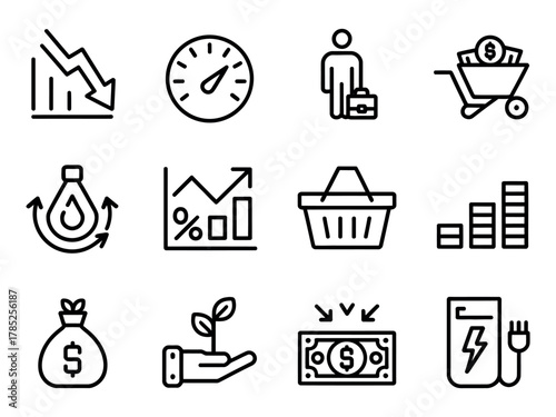 A collection of business and finance related icons representing growth, savings, and investment
