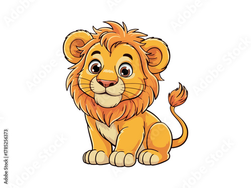 A cute cartoon lion cub sits looking forward with a friendly expression.