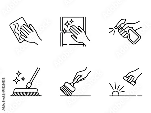 Icons depict various cleaning methods and tools in a stylized line art format.