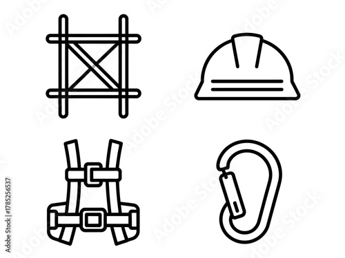 Construction safety equipment icons including scaffolding, hard hat, harness, and carabiner.