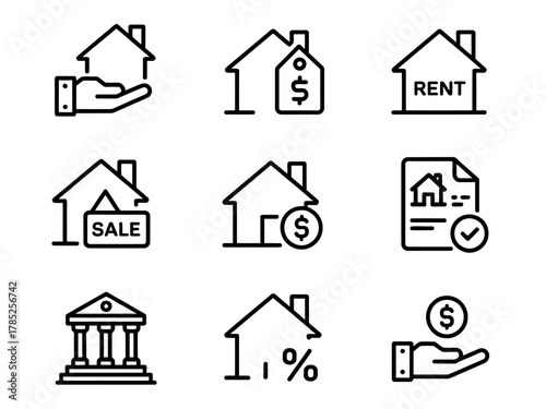 Icons depict real estate concepts like buying, selling, and renting houses and buildings.