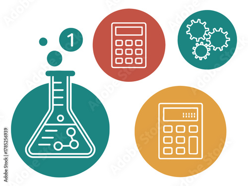 Illustration depicting science and calculations with a flask and calculators.