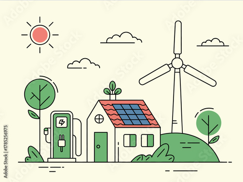 A sustainable home powered by solar and wind energy with an electric car charging station.