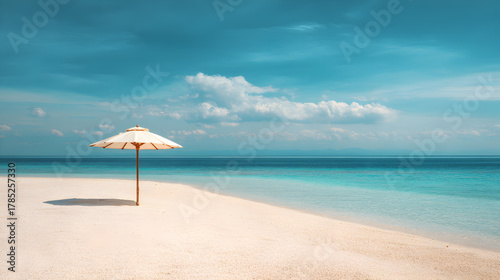 Fototapeta Naklejka Na Ścianę i Meble -  Empty White Sand Beach with a Single Umbrella and Turquoise Sea