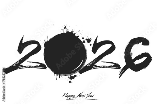 Numbers 2026 and a abstract hockey puck made of blots in grunge style. Design text logo Happy New Year 2026. Template for greeting card, banner, poster. Vector illustration on isolated background