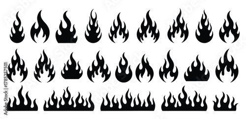 Flame fire silhouette icons set, Set of various black silhouette flame shapes, collection of various flame fire vector illustrations