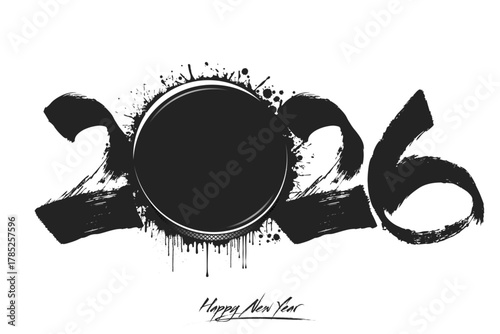Numbers 2026 and a abstract hockey puck made of blots in grunge style. Design text logo Happy New Year 2026. Template for greeting card, banner, poster. Vector illustration on isolated background