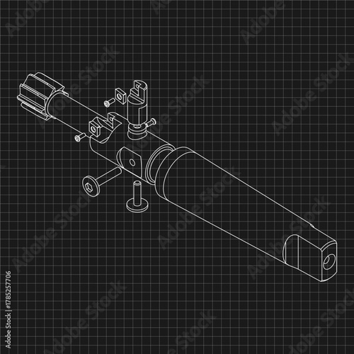 Mechanical engineering drawings. Tap tools, borer. Technical Design. Cover. Blueprint. Step Cutting Tool with Countersinking Function. Technical 3D Vector Illustration